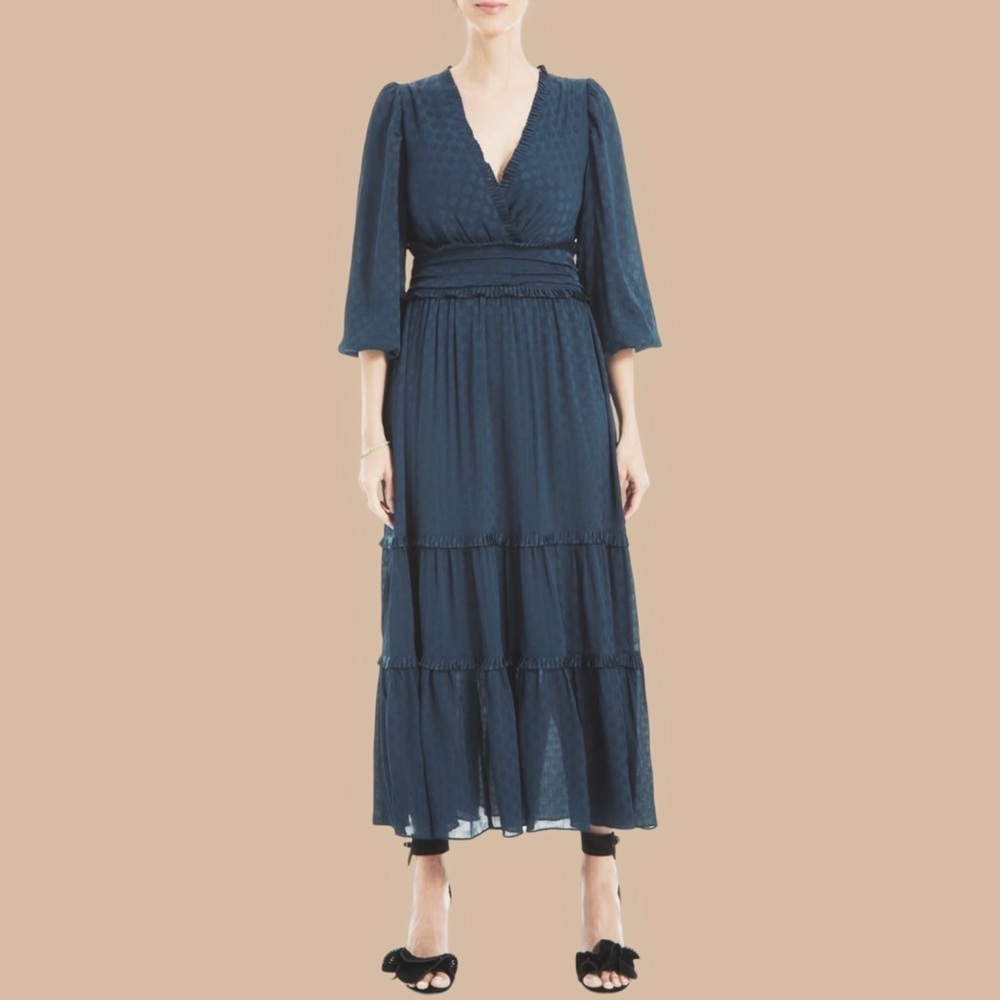 NWT Max Studio ‘Long Sleeve Jacquard Satin Tiered Maxi Dress’ in Navy Size XS